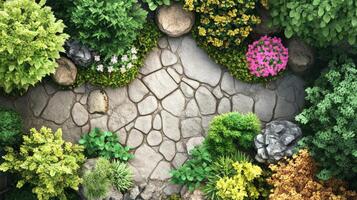 Aerial View of Stone Pathway in Lush Garden with Blooming Flowers and Greenery photo