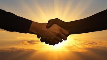 Sunset Handshake Unity Partnership Agreement New Beginnings Teamwork Collaboration photo