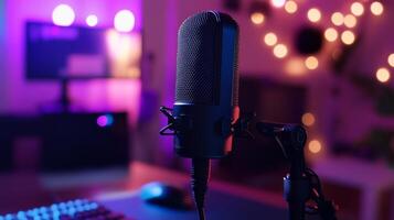Professional Condenser Microphone in Home Studio Setup with Purple and Pink Lighting photo