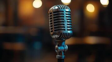 Vintage Microphone in Radio Studio Podcast Recording Retro Broadcast Equipment Broadcas photo
