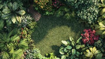 Lush Tropical Garden Backyard Aerial View Green Grass Flowers and Plants photo