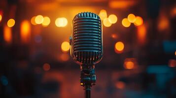 Retro Microphone on Stage Podcast Recording Studio Vintage Mic Broadcasting Equipment photo