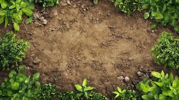 Lush Greenery Bordering Brown Soil Top View Garden Background photo