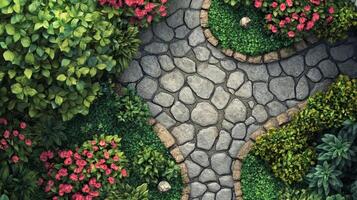 Aerial View of Cobblestone Pathway Winding Through Lush Garden with Flowers photo