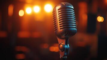 Retro Microphone in Radio Studio Podcast Recording Vintage Mic on Stage Broadcasting Eq photo