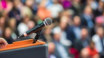 Public Speaking Microphone on Podium with Blurred Audience Background Conference Speech photo