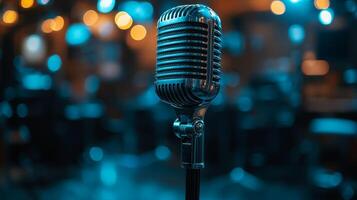 Retro Microphone in Recording Studio Podcast Broadcast Music Vintage Mic Blue Lights photo