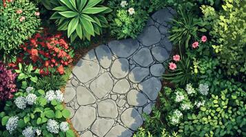 Aerial View of Stone Pathway in Lush Garden Semi Realistic Painting Style photo
