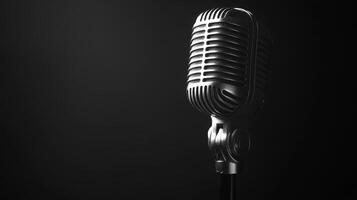 Retro Microphone on Black Background Podcast Radio Music Broadcasting Studio Vintage photo