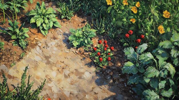 Sunlit Garden Path with Red and Yellow Flowers Top View Semi Realistic Painting photo