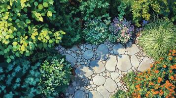 Aerial View of Stone Pathway in Lush Garden Summer Flowers Greenery Landscaping Design photo