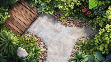 Top View Backyard Garden Path Stone Wood Plants Flowers Landscaping Design photo