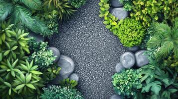 Lush Tropical Garden Path Top View of Greenery Stones and Gravel photo
