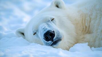 Sleeping Polar Bear in Snowy Landscape Arctic Wildlife Close Up photo
