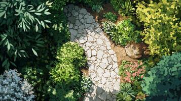 Aerial View of Stone Pathway Winding Through Lush Garden Semi Realistic Painting Style photo