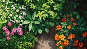 Aerial View of Vibrant Backyard Garden with Daisies Dahlias and Orange Flowers photo