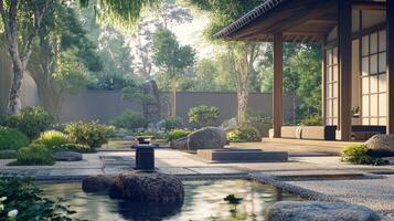 Serene Zen Garden Peaceful Japanese Garden Design with Water Feature and Stone Pathway photo