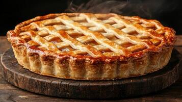 A freshly baked apple pie with a lattice crust sits on a wooden board photo