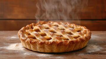 A freshly baked apple pie with a lattice crust, cooling on a wooden table photo