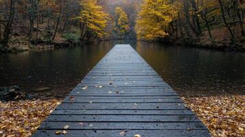 Wooden dock extending into calm lake surrounded by autumn trees photo