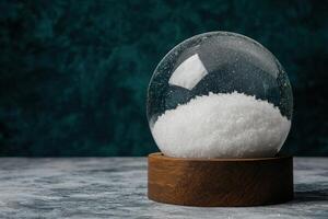 Snow globe with wooden base on a teal background photo