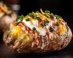 Loaded baked potato with cheese, bacon bits, sour cream and chives photo