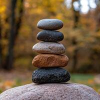 Balanced stones in autumn forest photo