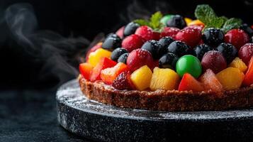 Delicious fruit tart with assorted berries and sliced fruits photo