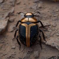 Closeup of a golden beetle on a rocky surface photo