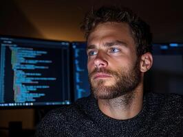 Focused programmer working late at night on a software project photo