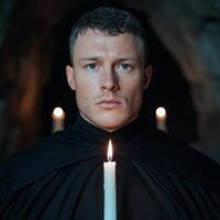 Man in black robe holds a candle in a dark room photo