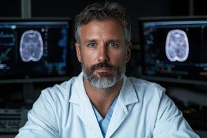 Portrait of a serious doctor reviewing brain scans on a computer photo