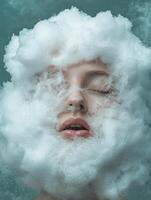 Woman submerged in cleansing foam, face partially hidden photo