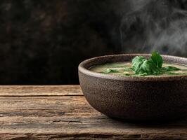 A steaming bowl of hearty soup sits on a rustic wooden table photo