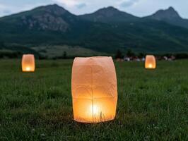Three glowing lanterns illuminate a grassy field at dusk, with mountains in the background photo