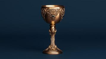 Ornate golden chalice with blue gems on dark background. photo