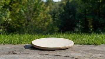 Empty round stone plate on a rock surface with a blurred green background photo