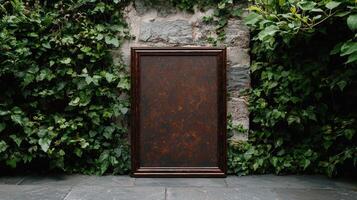 Blank dark brown frame against a stone wall covered in green ivy photo