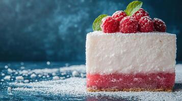 Delicious raspberry dessert with a creamy white top and pink bottom layer photo