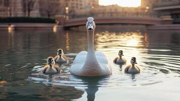 A swan and its ducklings swim peacefully on a calm lake at sunset photo