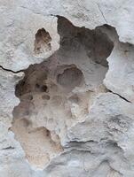 Close up of a weathered, porous rock surface with holes and cracks photo