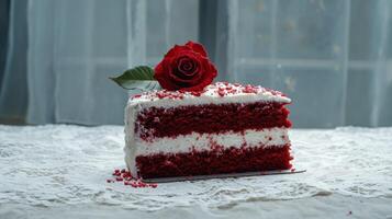 Delicious red velvet cake slice with cream cheese frosting and a single red rose on top photo