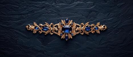 Ornate gold barrette with dark blue gemstones photo