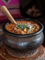 Hearty stew in rustic bowl photo
