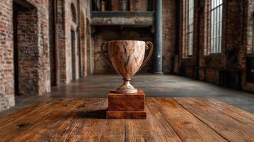 Marble trophy on wooden table in rustic setting photo