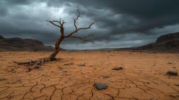 Lonely tree in a cracked desert landscape under a dramatic sky photo