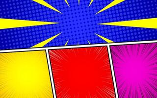 Anime pop art cartoon starburst background, explosion or sunburst effect, halftone gradient, fun and attractive comic template frame. vector