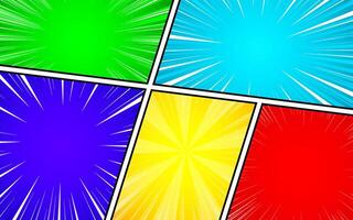 Colorful frame comic book page template with rays, radial, halftone effects in pop art style. vector