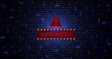 red hacked warring sign in blue data matrix falling binary numbers background banner template for cyber attacks, hacks vector
