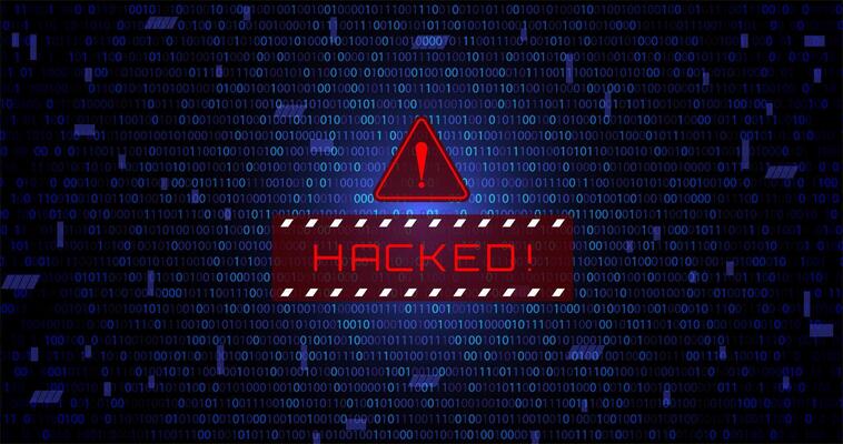 red hacked warring sign in blue data matrix falling binary numbers background banner template for cyber attacks, hacks